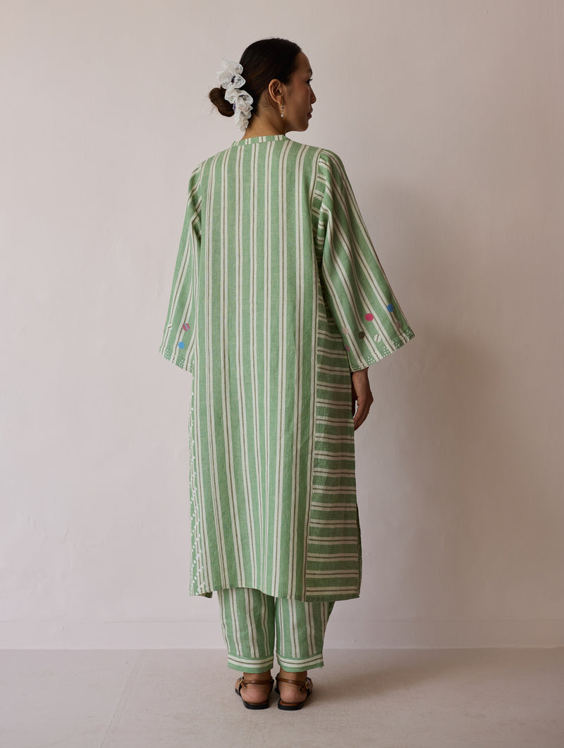 Parvee Block-Printed Linen Kurta Set-Fern linen light kurta set by Manan in ivory for women Worldwide