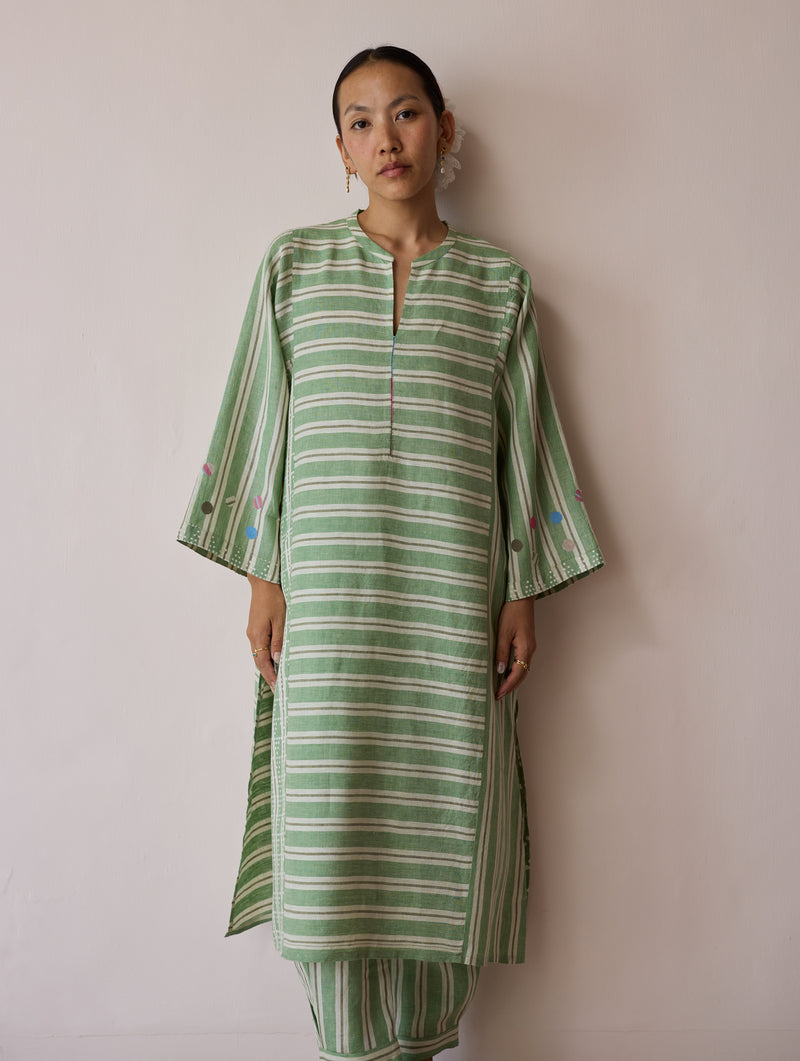 Parvee Block-Printed Linen Angrakha Kurta-Fern linen tunics/kaftan by Manan in ivory for women Worldwide