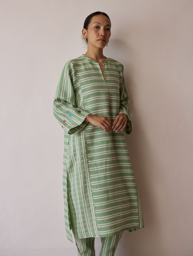Parvee Block-Printed Linen Kurta Set-Fern linen light kurta set by Manan in ivory for women Worldwide