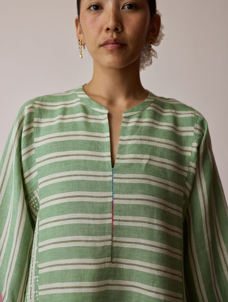 Parvee Block-Printed Linen Angrakha Kurta-Fern linen tunics/kaftan by Manan in ivory for women Worldwide