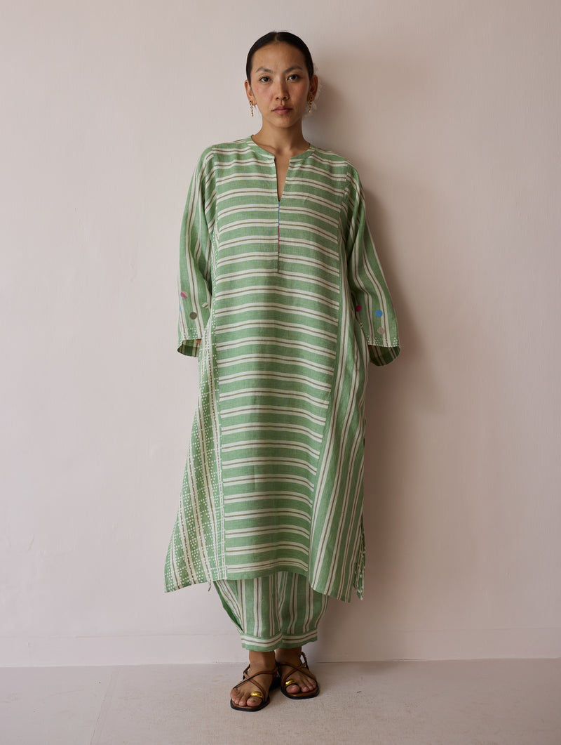 Parvee Block-Printed Linen Kurta Set-Fern linen light kurta set by Manan in ivory for women Worldwide