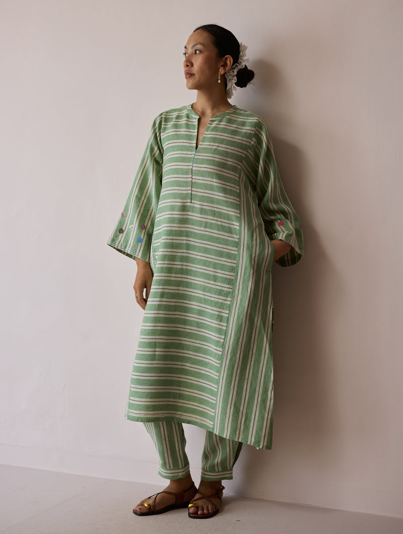 Parvee Block-Printed Linen Kurta Set-Fern linen light kurta set by Manan in ivory for women Worldwide