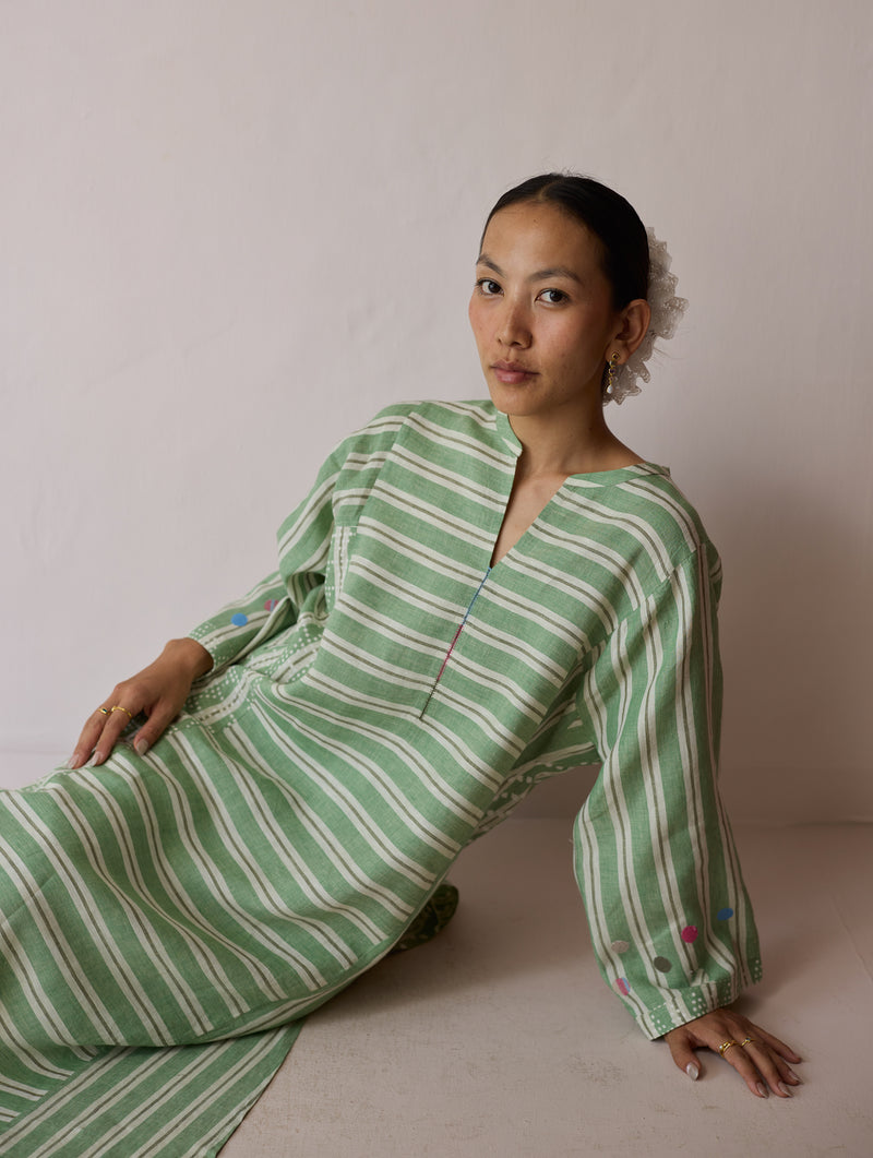 Parvee Block-Printed Linen Kurta Set-Fern linen light kurta set by Manan in ivory for women Worldwide