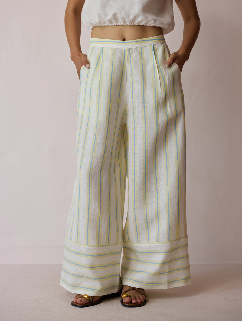 Carmi Wide Leg Stripe Linen Pants-Ivory linen pant/trouser by Manan in ivory for women Worldwide