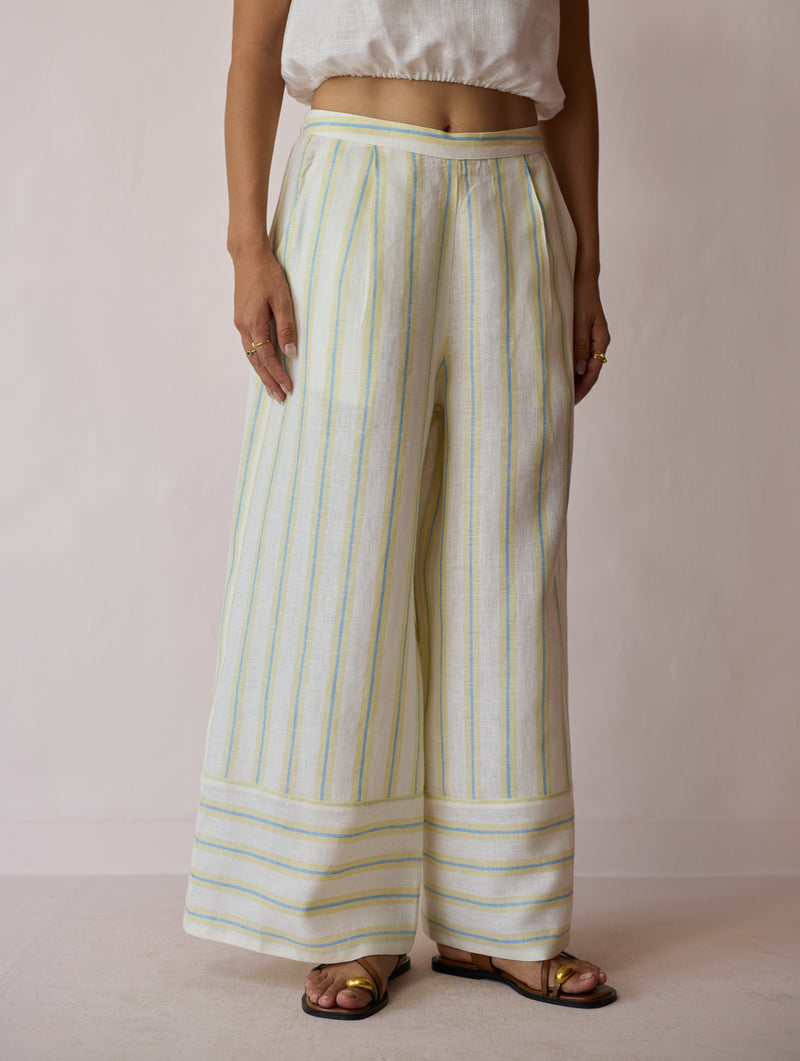 Carmi Wide Leg Stripe Linen Pants-Ivory linen pant/trouser by Manan in ivory for women Worldwide