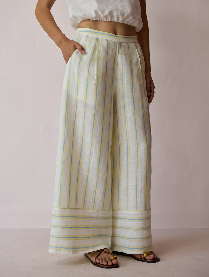Carmi Wide Leg Stripe Linen Pants-Ivory linen pant/trouser by Manan in ivory for women Worldwide