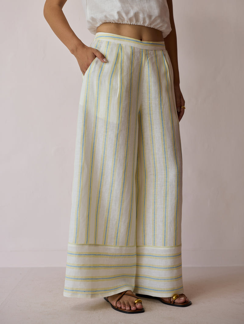 Carmi Wide Leg Stripe Linen Pants-Ivory linen pant/trouser by Manan in ivory for women Worldwide