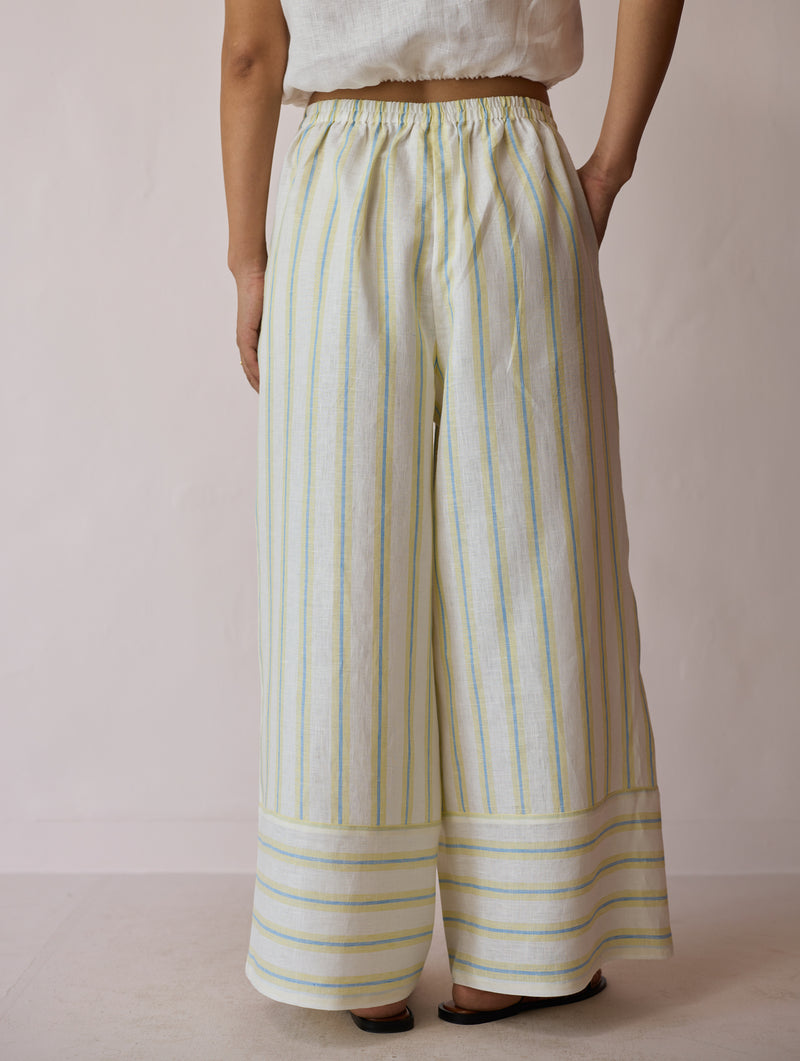 Carmi Wide Leg Stripe Linen Pants-Ivory linen pant/trouser by Manan in ivory for women Worldwide