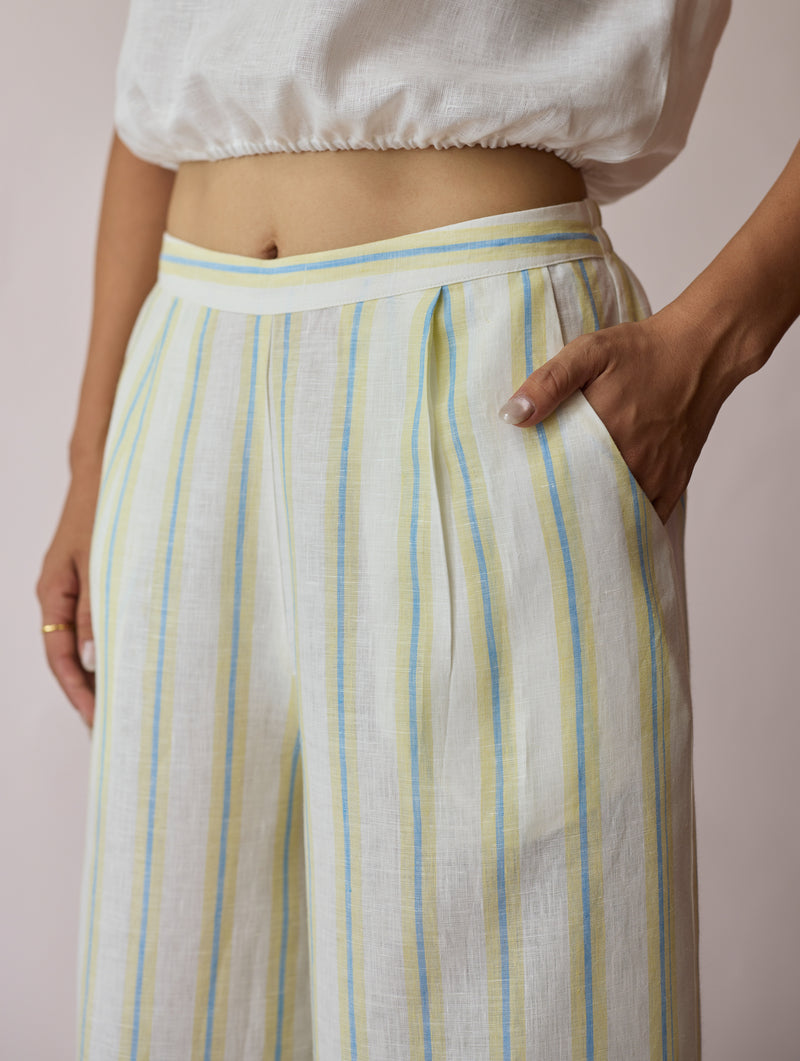 Carmi Wide Leg Stripe Linen Pants-Ivory linen pant/trouser by Manan in ivory for women Worldwide