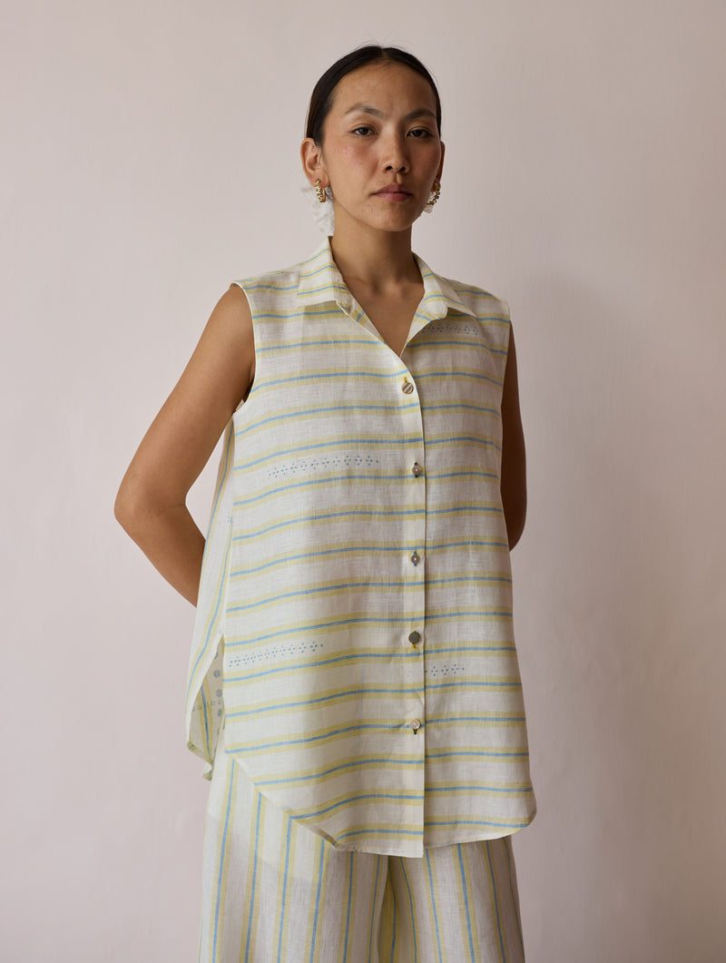 Ello Sleeveless Block-Printed Linen Shirt-Ivory linen top/shirt by Manan in ivory for women Worldwide