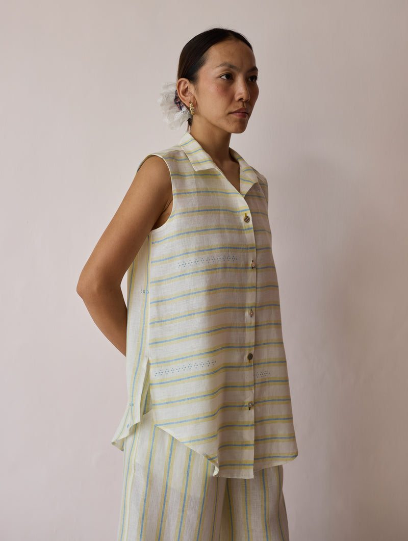 Ello Sleeveless Block-Printed Linen Shirt-Ivory linen top/shirt by Manan in ivory for women Worldwide