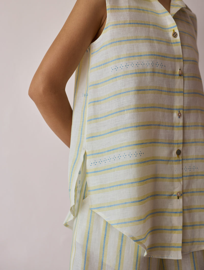 Ello Sleeveless Block-Printed Linen Shirt-Ivory linen top/shirt by Manan in ivory for women Worldwide
