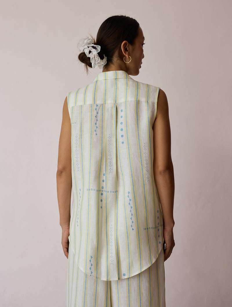 Ello Sleeveless Block-Printed Linen Shirt-Ivory linen top/shirt by Manan in ivory for women Worldwide