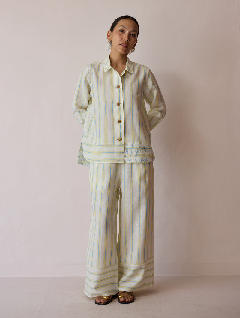 Erra Block-Printed Stripe Linen Shirt-Ivory linen top/shirt by Manan in ivory for women Worldwide