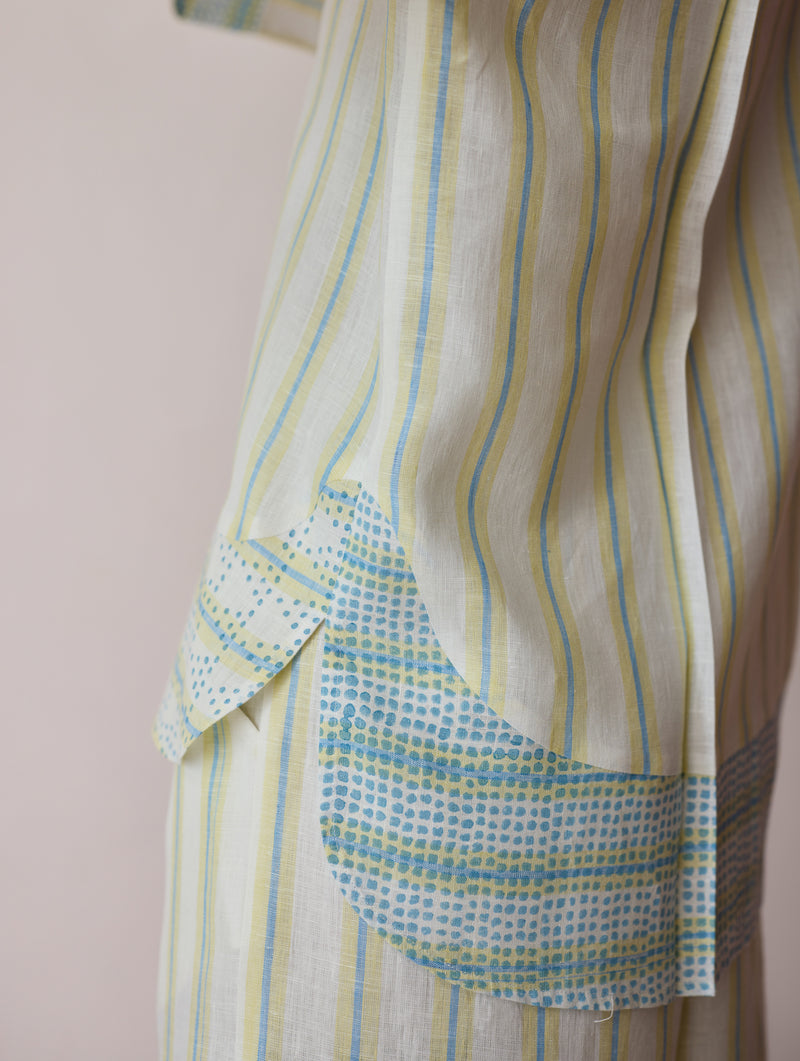 Erra Block-Printed Stripe Linen Shirt-Ivory linen top/shirt by Manan in ivory for women Worldwide