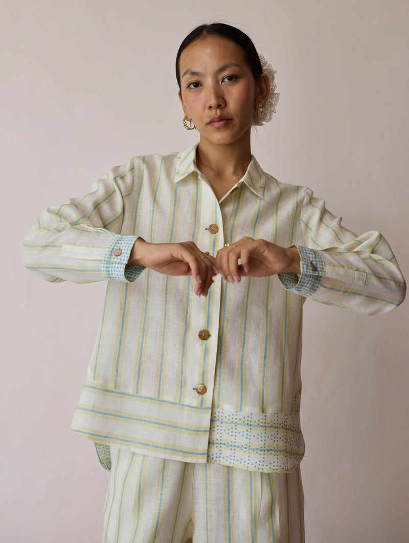 Erra Block-Printed Stripe Linen Shirt-Ivory linen top/shirt by Manan in ivory for women Worldwide