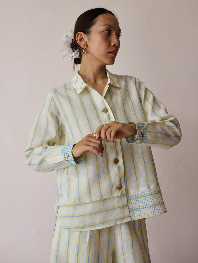 Erra Block-Printed Stripe Linen Shirt-Ivory linen top/shirt by Manan in ivory for women Worldwide