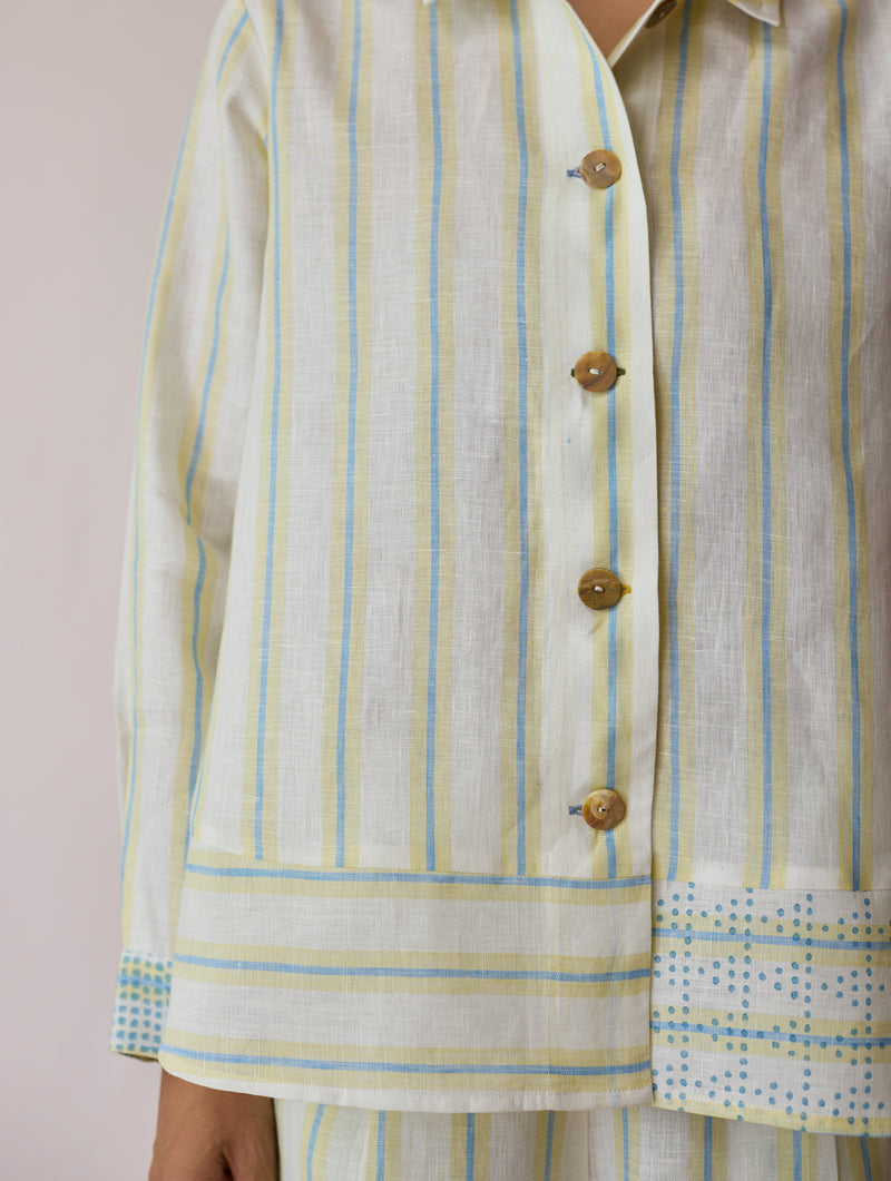 Erra Block-Printed Stripe Linen Shirt-Ivory linen top/shirt by Manan in ivory for women Worldwide