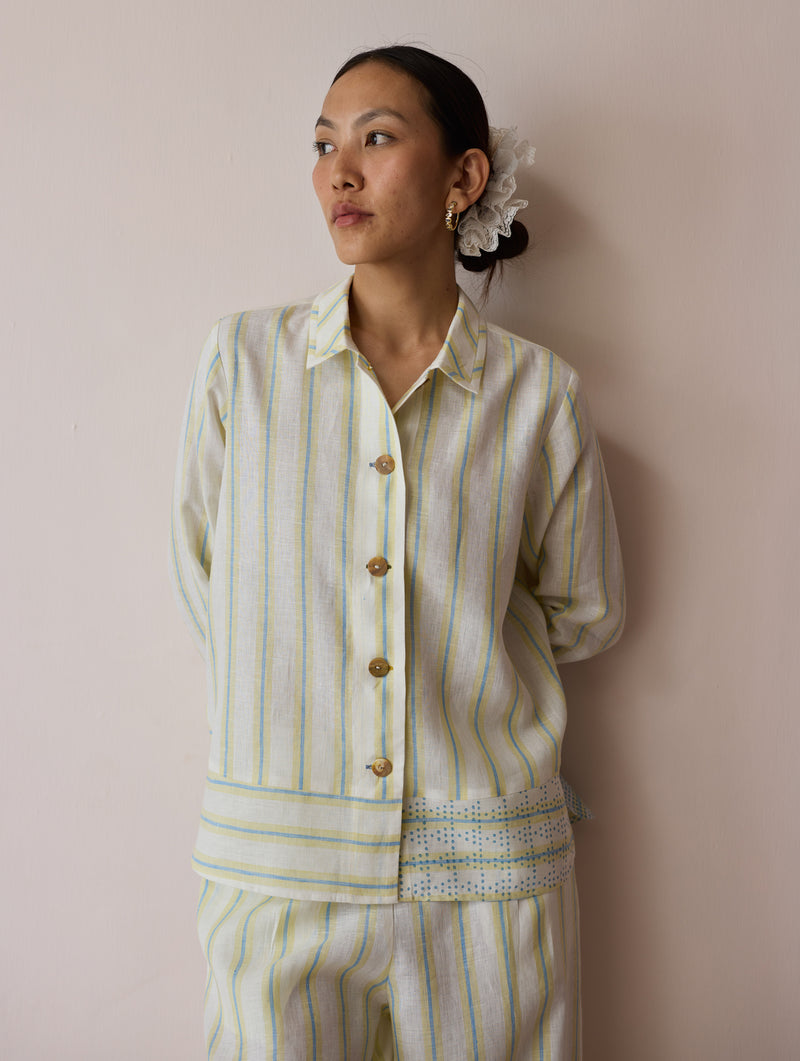 Erra Block-Printed Stripe Linen Shirt-Ivory linen top/shirt by Manan in ivory for women Worldwide