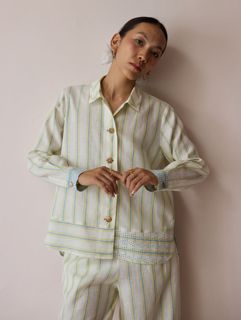 Erra Block-Printed Stripe Linen Shirt-Ivory linen top/shirt by Manan in ivory for women Worldwide