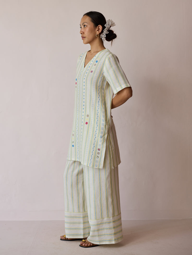 Selle Linen Applique Kurta Set-Ivory linen co-ord set by Manan in ivory for women Worldwide