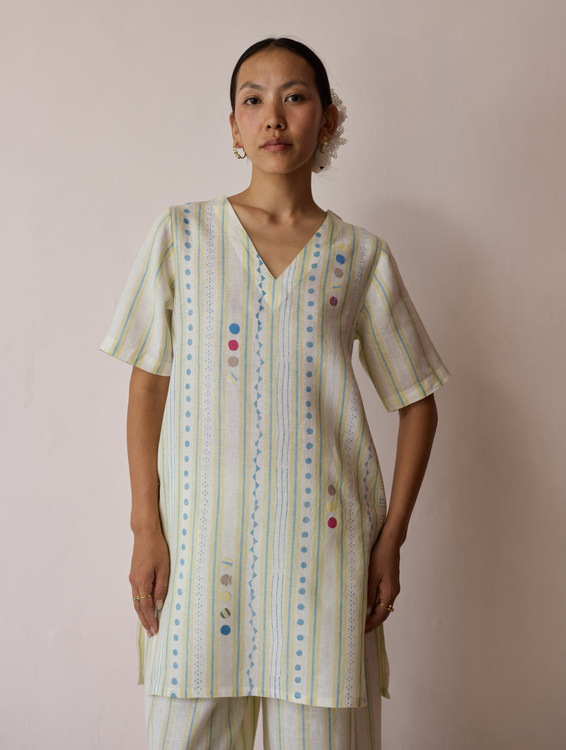 Selle Linen Stripe Applique Kurta-Ivory linen tunics/kaftan by Manan in ivory for women Worldwide