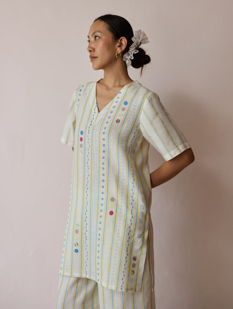 Selle Linen Stripe Applique Kurta-Ivory linen tunics/kaftan by Manan in ivory for women Worldwide