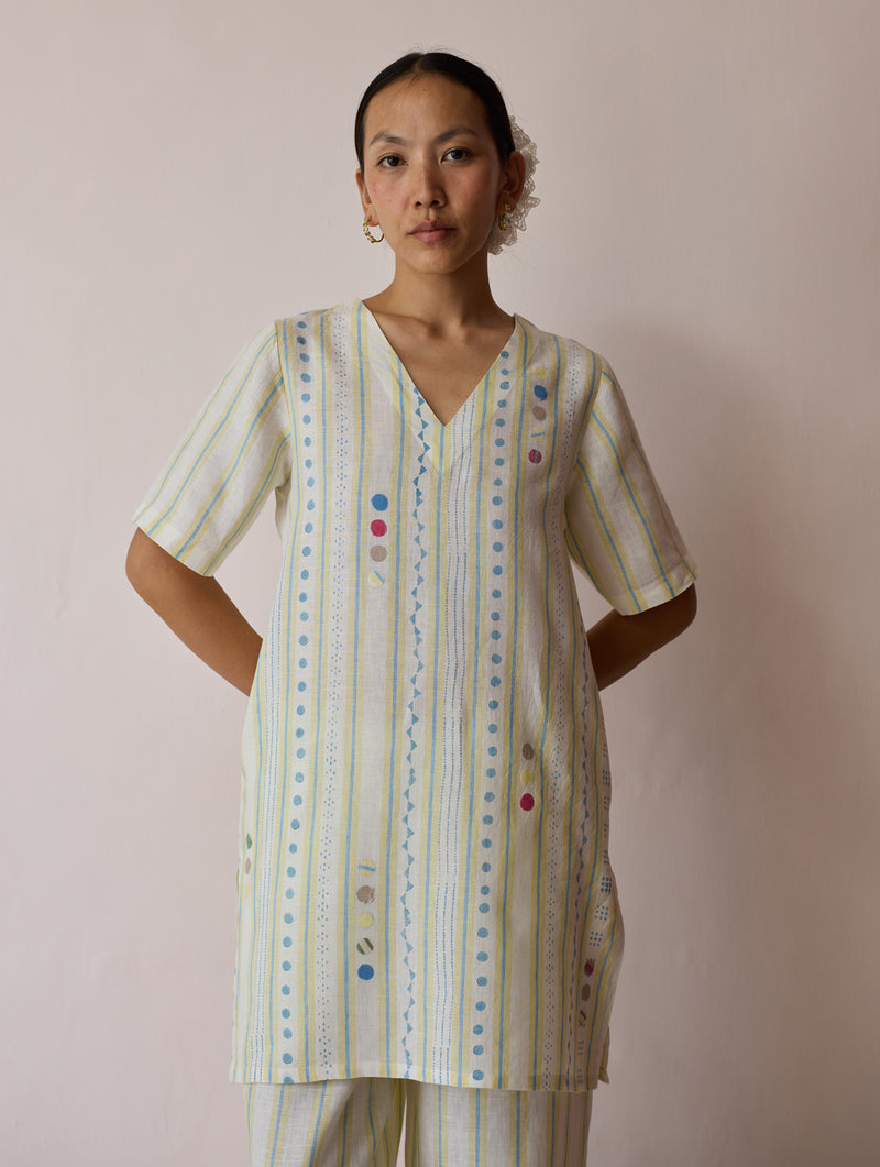 Selle Linen Stripe Applique Kurta-Ivory linen tunics/kaftan by Manan in ivory for women Worldwide