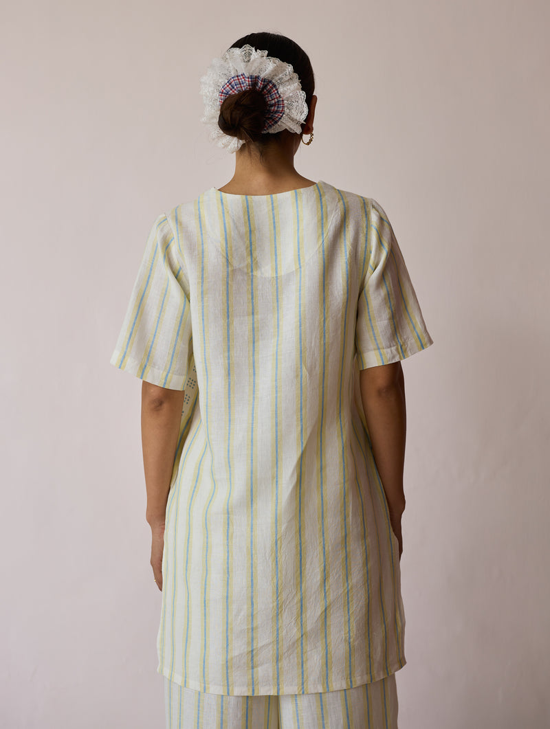 Selle Linen Stripe Applique Kurta-Ivory linen tunics/kaftan by Manan in ivory for women Worldwide