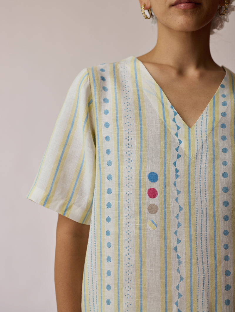 Selle Linen Stripe Applique Kurta-Ivory linen tunics/kaftan by Manan in ivory for women Worldwide