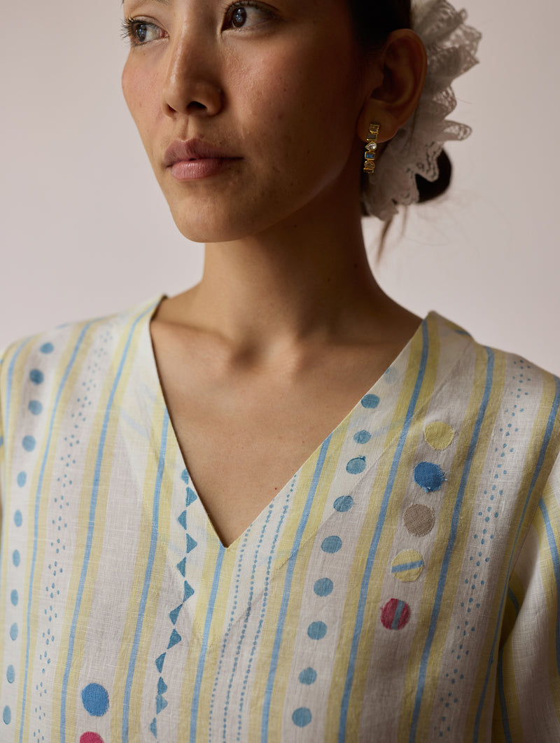 Selle Linen Stripe Applique Kurta-Ivory linen tunics/kaftan by Manan in ivory for women Worldwide