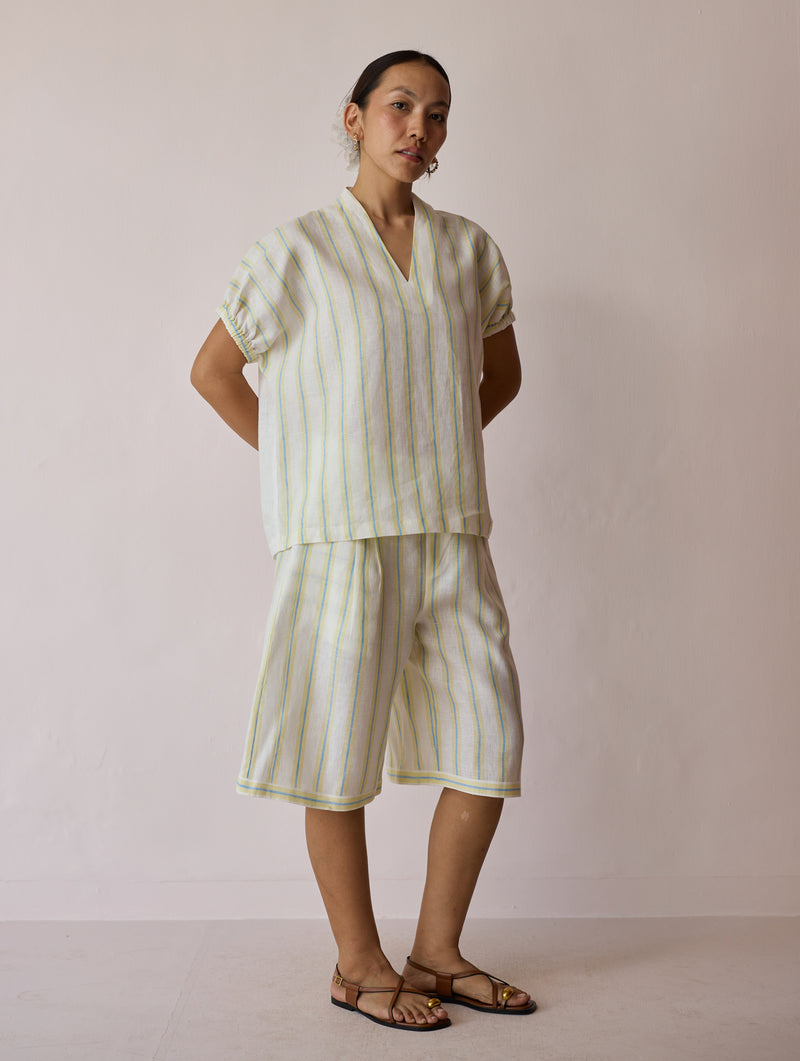 Ena Stripe Linen Jorts-Ivory linen short by Manan in ivory for women Worldwide