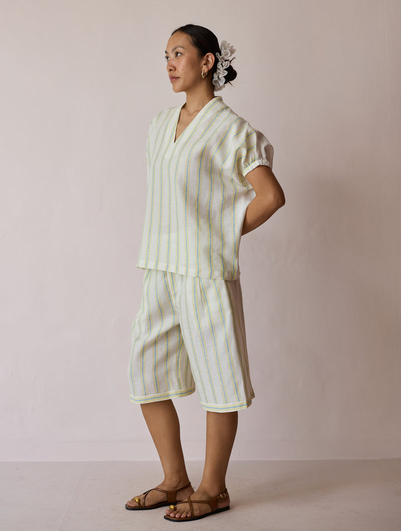 Ena Stripe Linen Jorts-Ivory linen short by Manan in ivory for women Worldwide