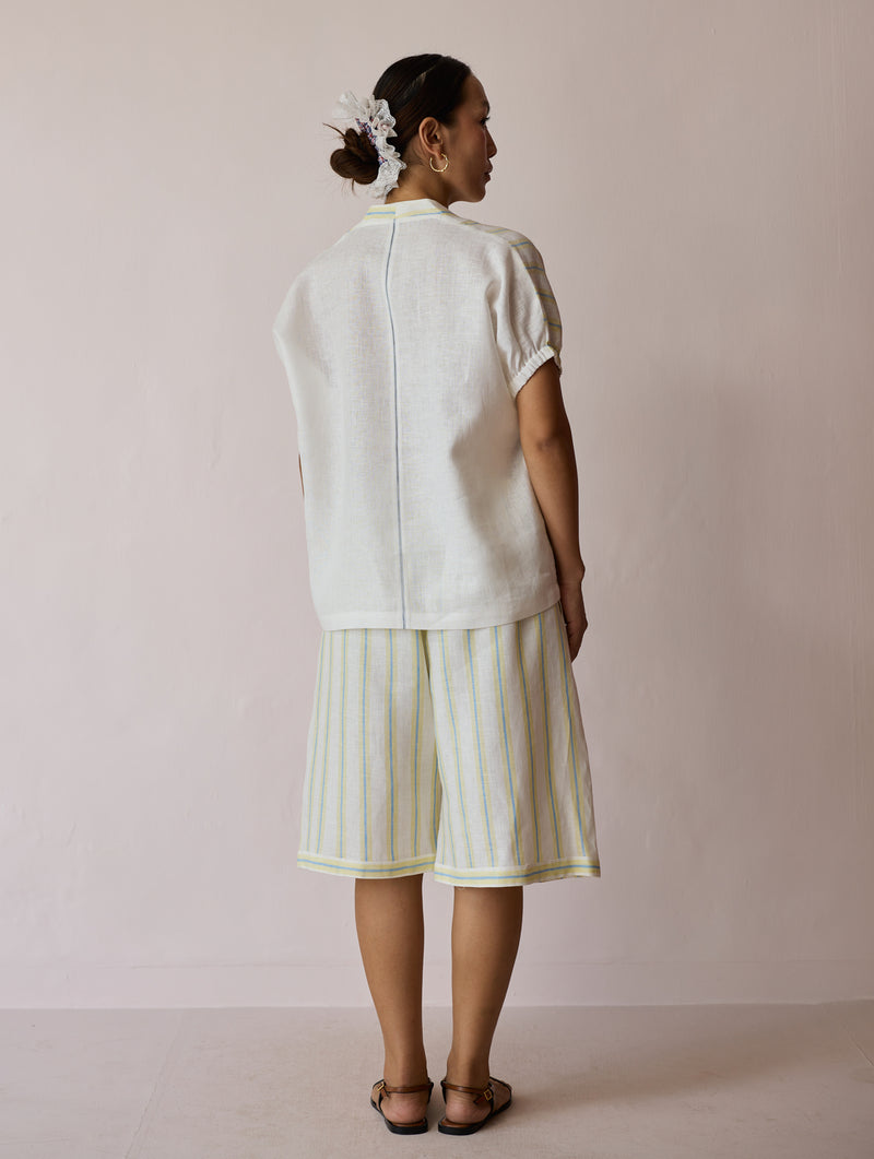 Ena Stripe Linen Jorts-Ivory linen short by Manan in ivory for women Worldwide