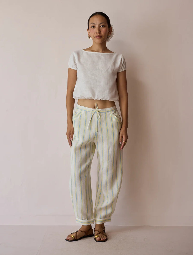 Terra Pleated Hem Stripe Linen Pants-Ivory linen pant/trouser by Manan in ivory for women Worldwide