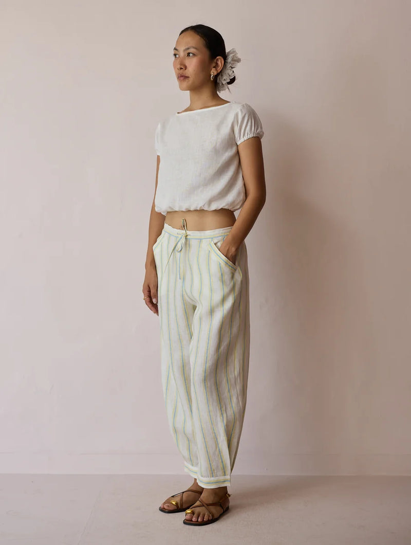 Terra Pleated Hem Stripe Linen Pants-Ivory linen pant/trouser by Manan in ivory for women Worldwide