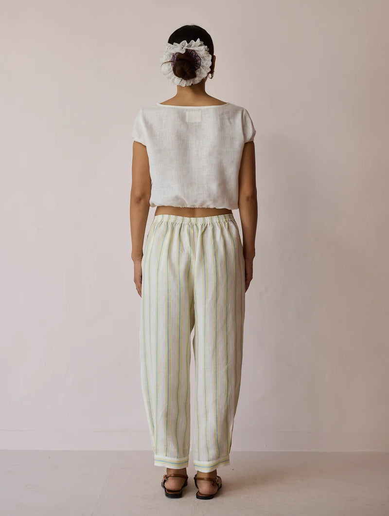 Terra Pleated Hem Stripe Linen Pants-Ivory linen pant/trouser by Manan in ivory for women Worldwide