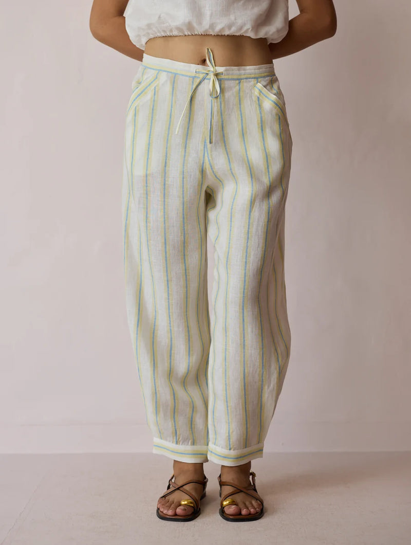 Terra Pleated Hem Stripe Linen Pants-Ivory linen pant/trouser by Manan in ivory for women Worldwide