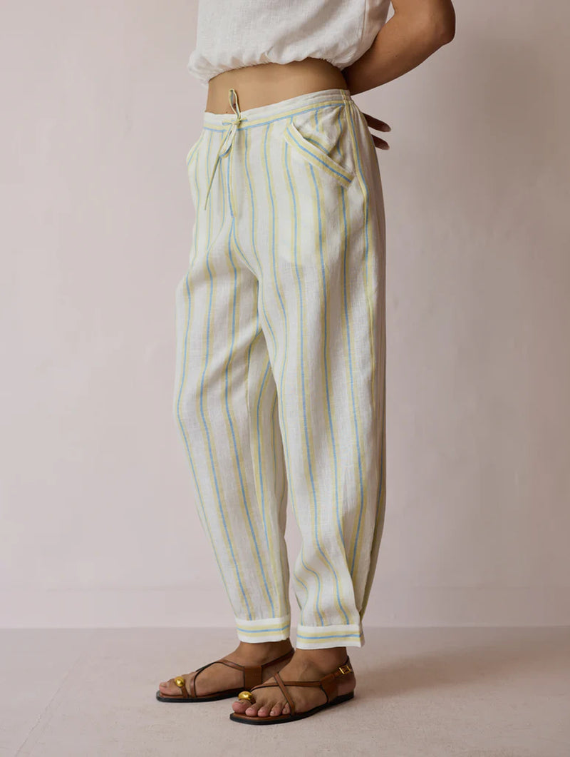 Terra Pleated Hem Stripe Linen Pants-Ivory linen pant/trouser by Manan in ivory for women Worldwide