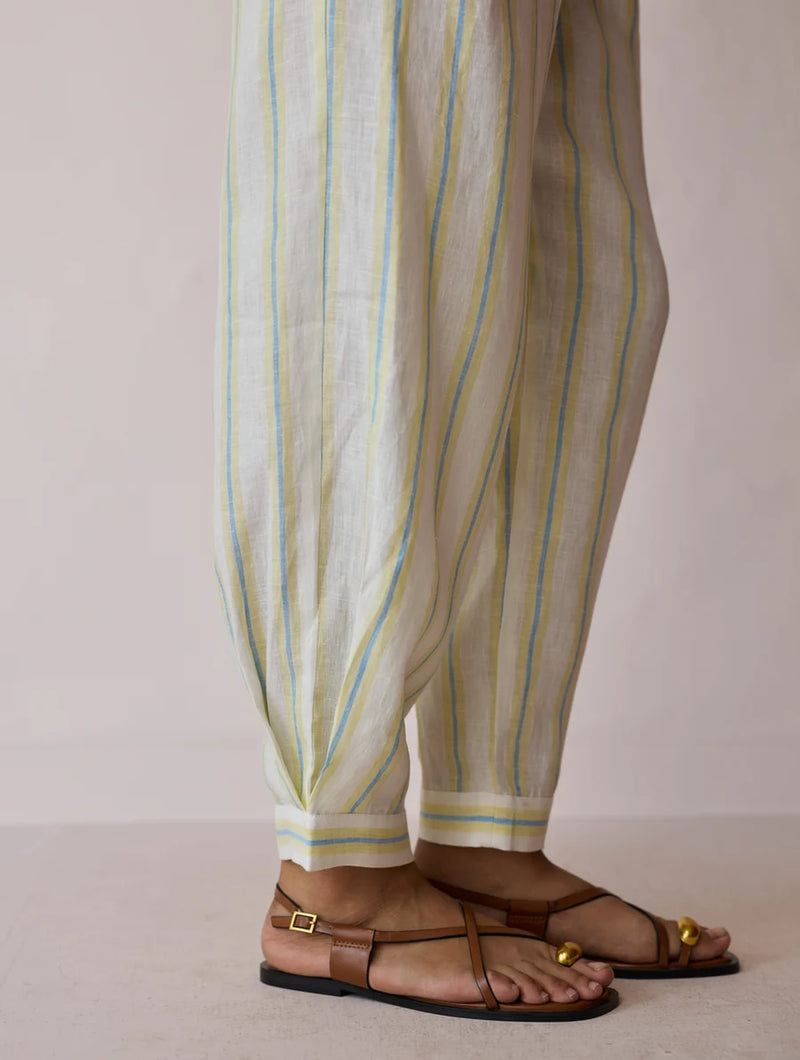 Terra Pleated Hem Stripe Linen Pants-Ivory linen pant/trouser by Manan in ivory for women Worldwide