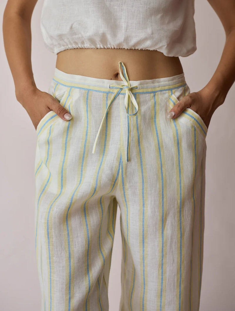 Terra Pleated Hem Stripe Linen Pants-Ivory linen pant/trouser by Manan in ivory for women Worldwide