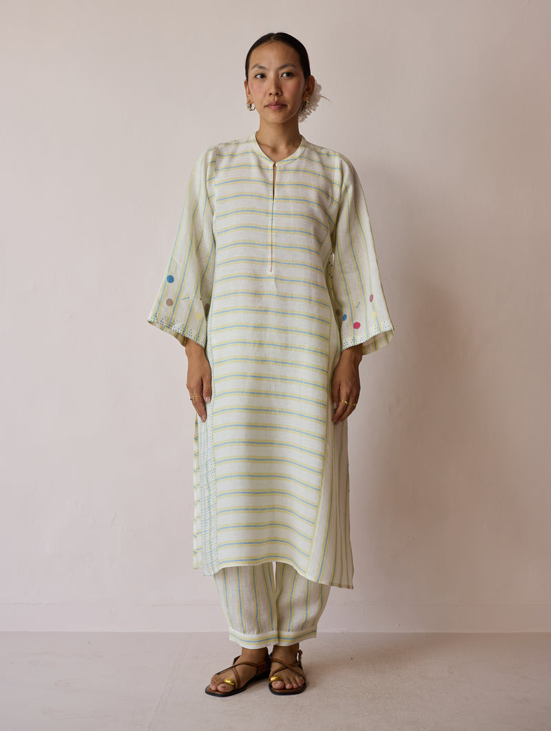 Parvee Block-Printed Linen Kurta Set-Ivory linen light kurta set by Manan in ivory for women Worldwide