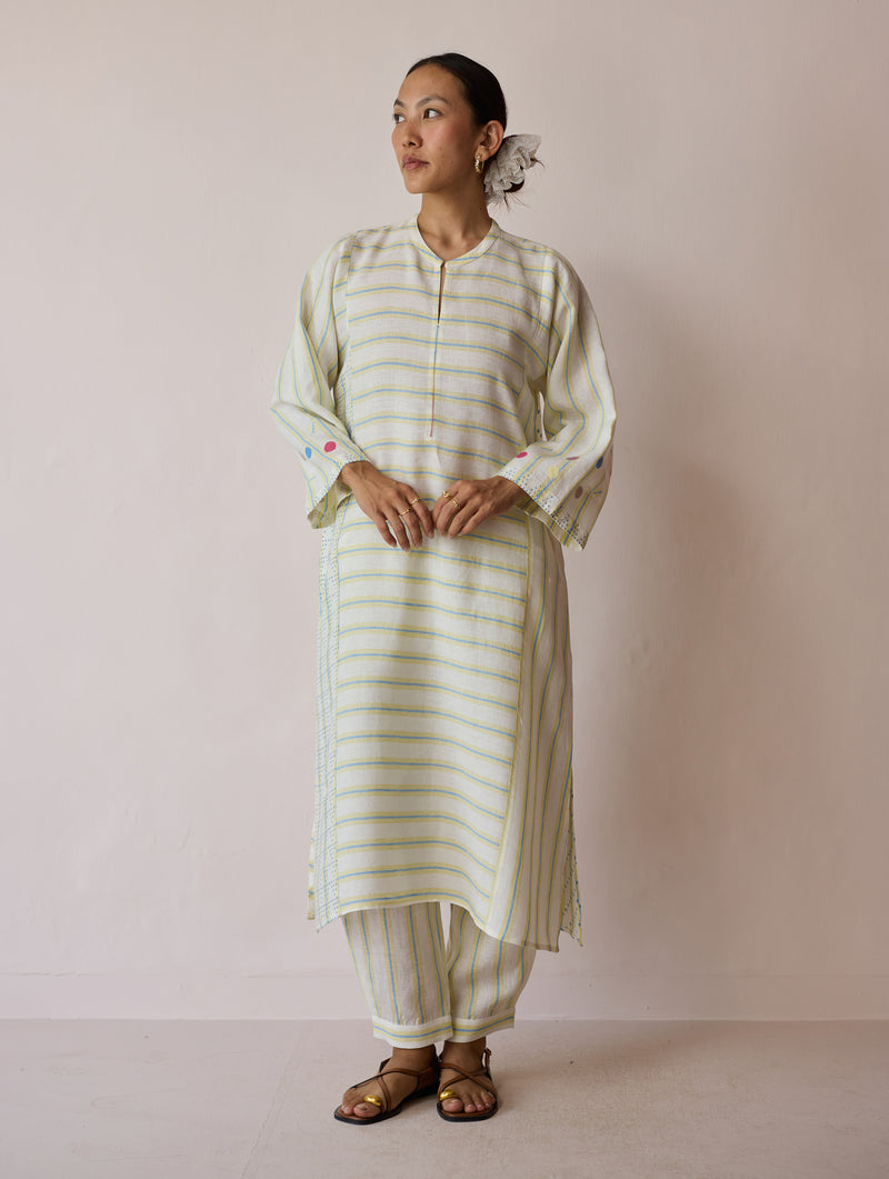 Parvee Block-Printed Linen Kurta Set-Ivory linen light kurta set by Manan in ivory for women Worldwide