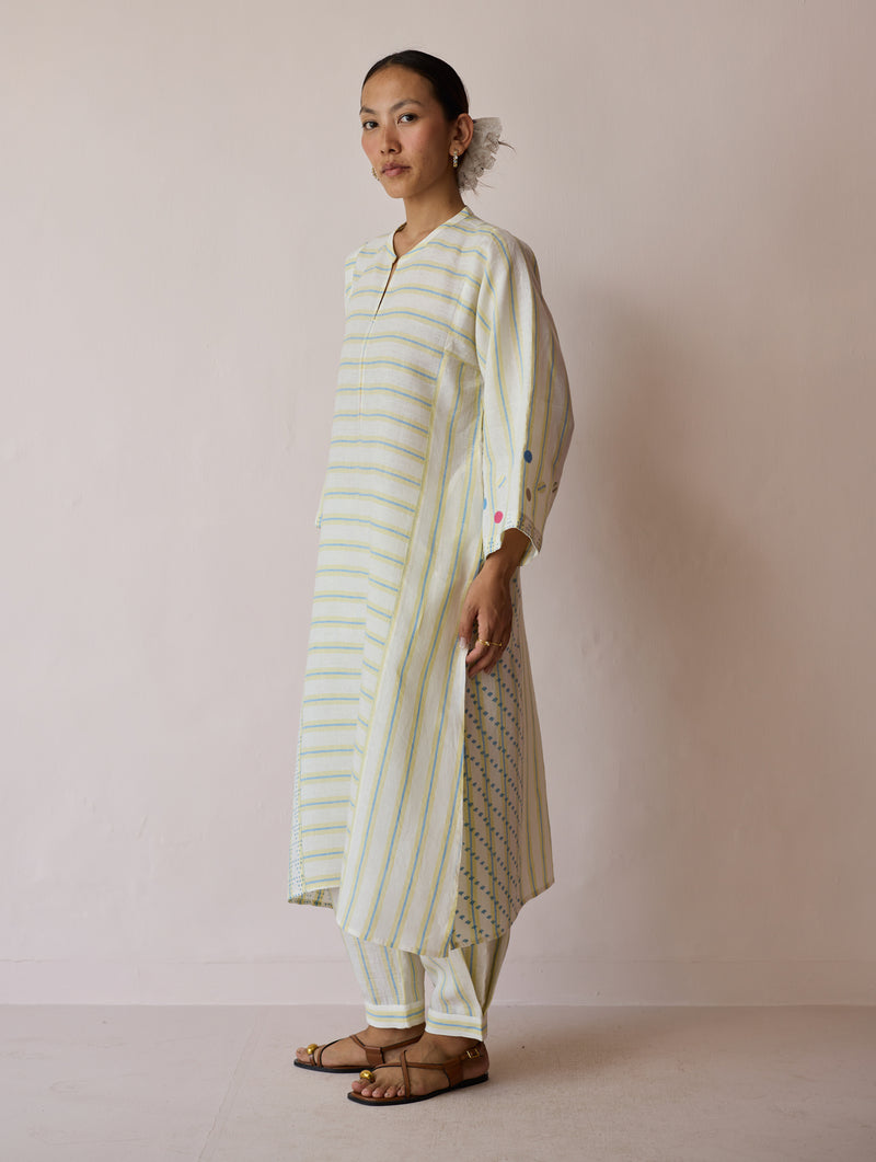 Parvee Block-Printed Linen Kurta Set-Ivory linen light kurta set by Manan in ivory for women Worldwide