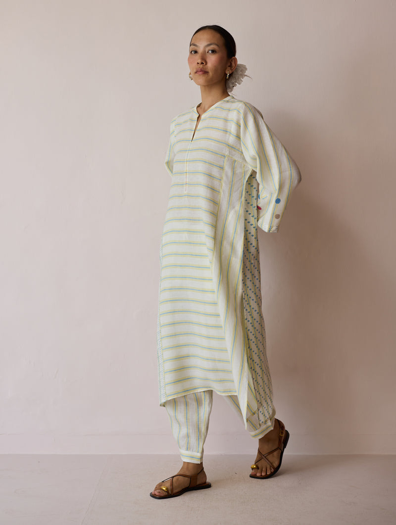 Parvee Block-Printed Linen Kurta Set-Ivory linen light kurta set by Manan in ivory for women Worldwide