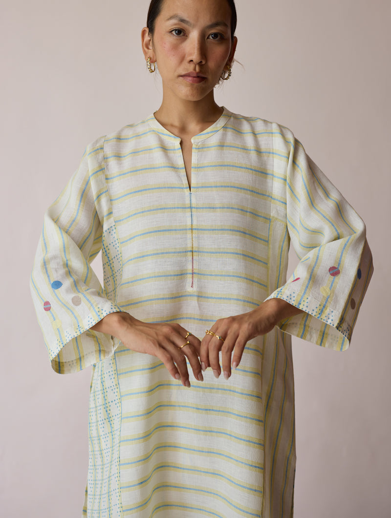Parvee Block-Printed Linen Kurta Set-Ivory linen light kurta set by Manan in ivory for women Worldwide