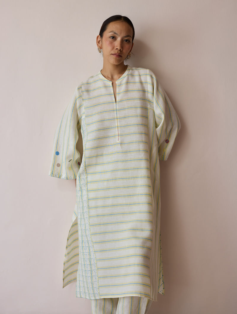 Parvee Block-Printed Linen Kurta Set-Ivory linen light kurta set by Manan in ivory for women Worldwide