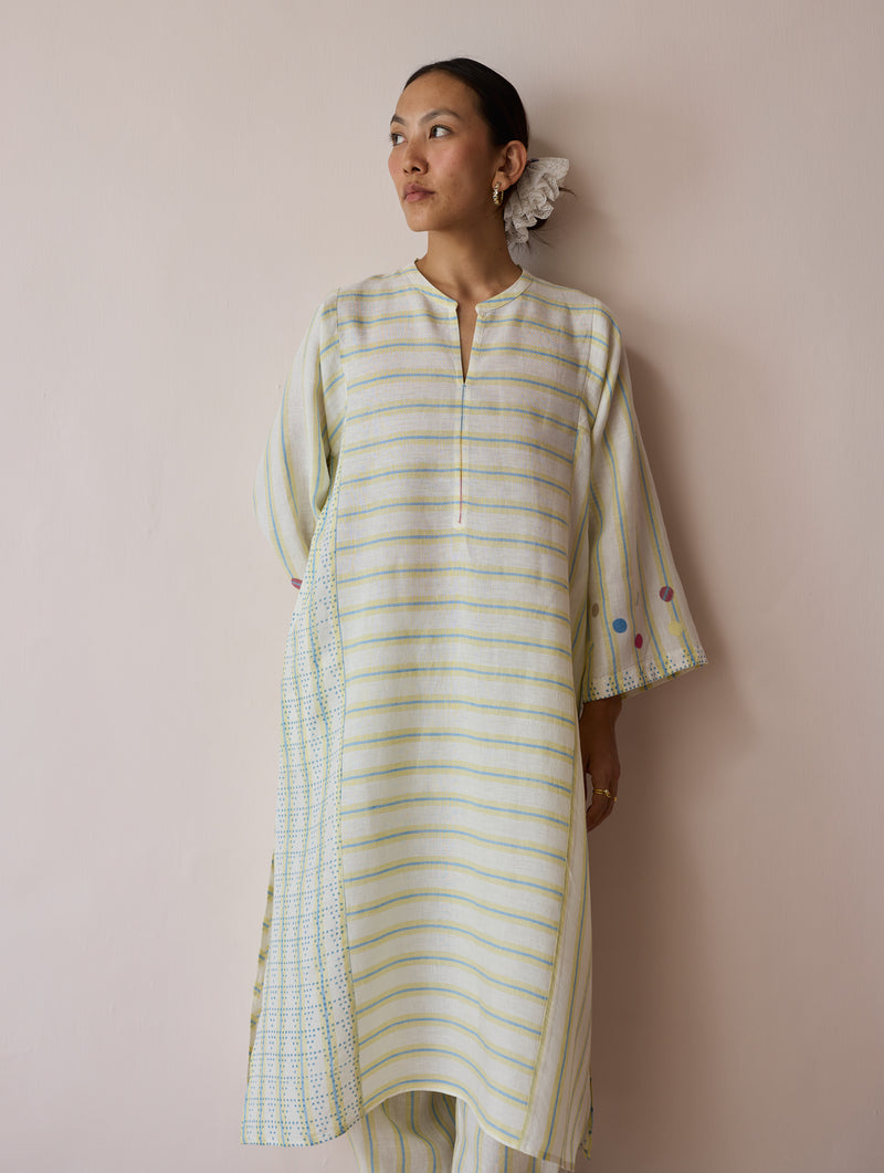 Parvee Block-Printed Linen Kurta Set-Ivory linen light kurta set by Manan in ivory for women Worldwide