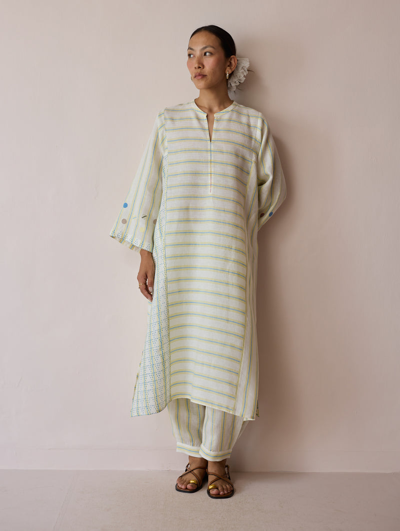 Parvee Block-Printed Linen Angrakha Kurta-Ivory linen tunics/kaftan by Manan in ivory for women Worldwide