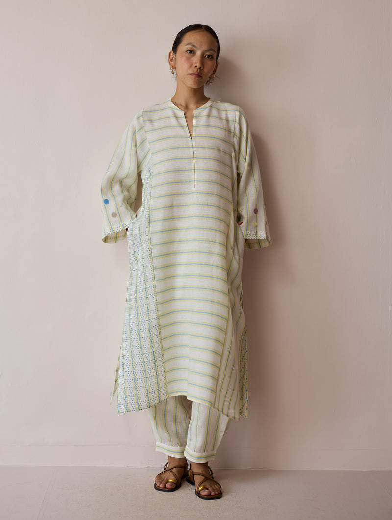 Parvee Block-Printed Linen Angrakha Kurta-Ivory linen tunics/kaftan by Manan in ivory for women Worldwide